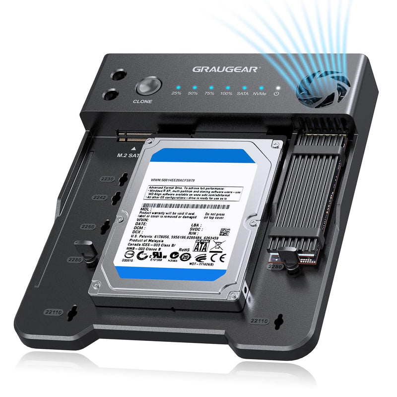 GRAUGEAR NVMe M.2 & SATA SSD/HDD Hard Drive Docking Station, USB-C 10Gbps NVMe Reader, SATA to M.2 NVMe Cloner, 2.5/3.5 SATA Enclosure Lay-Flat Clone Station, Dual Bay Offline Clone