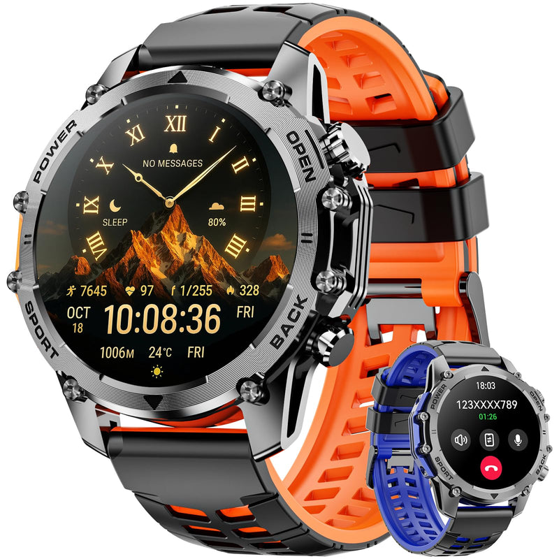 Hwagol Smart Watches for Men (Call/Notification),1.52''HD Military Smart Watch with Heart Rate/Sleep Monitor/Pedometer for Android and iOS,DIY Design Fitness Tracker,1 Pack with 2-Piece Look Set orange-blue