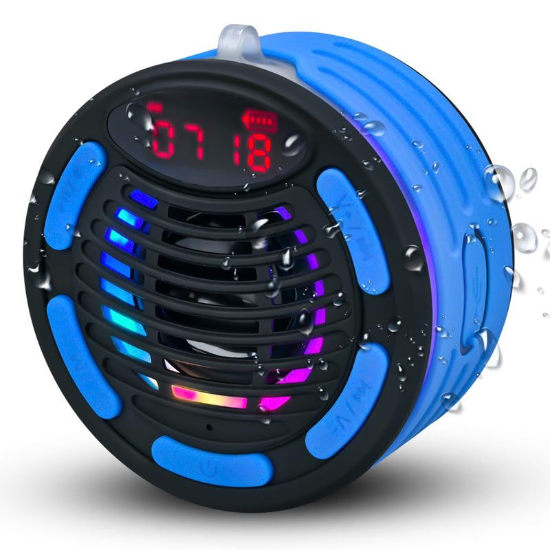 IPX7 Waterproof Bluetooth Speaker with Time, Floating Portable Speaker for Shower, Pool & Beach, Includes MTB Handlebar Holder, Suction Cup & Carabiner, RGB Lights, FM Radio, USB-C - Gifts