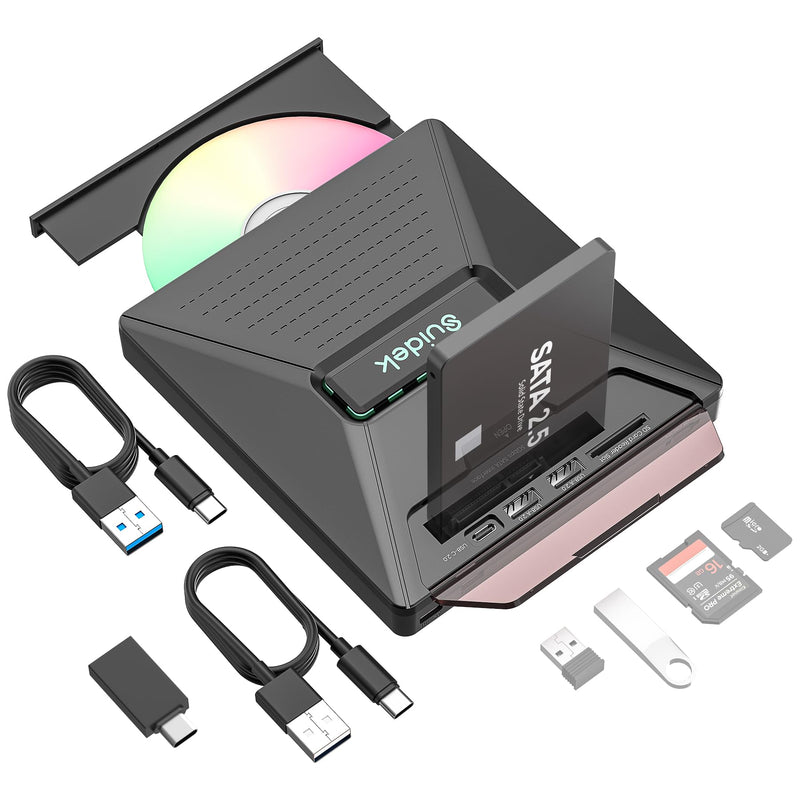 SUIDEK External CD DVD Drive,Optical Disc Reader+/-RW Burner with SATA Slot | Portable CD DVD Driver with 2.5" SATA,SD Card Reader and USB A Type C 2.0 Hub Compatible with Laptop PC Windows Mac OS Linux Matte Black