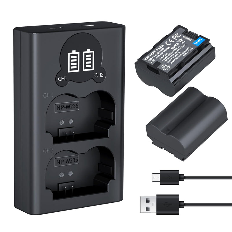 [AUSTRALIA] - LP NP-W235 Battery Charger Pack, LED Dual Slot USB Charger, 2-Pack 2400mAh Replacement Batteries for Fujifilm X-T5, X-S20, X-H2, X-H2S, GFX 100S, GFX 50S II, X-T4, VG-XT4 Battery Grip 