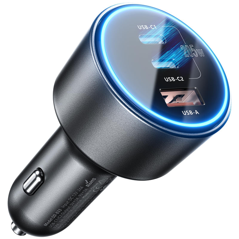 SCHUGS 205W Super Fast Car Charger, USB C PD3.1/QC5.0 3-Port for iPhone 16/Samsung S25/MacBook, 12V-24V Truck Charger with LED & 6 Protections