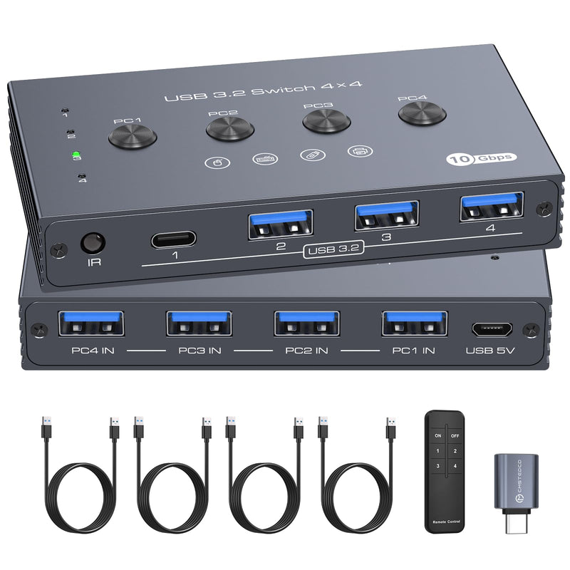 [AUSTRALIA] - USB 3.2 Switch 4 Computers Share 4 USB Devices 4 Port USB Switcher for Mouse Keyboard Scanner Printer with Remote and Cables USB 3.2 4 PC dark gray 