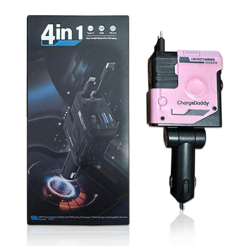4-in-1 Retractable Car Charger, 120W Fast Charging, USB & Type-C Ports, Pink