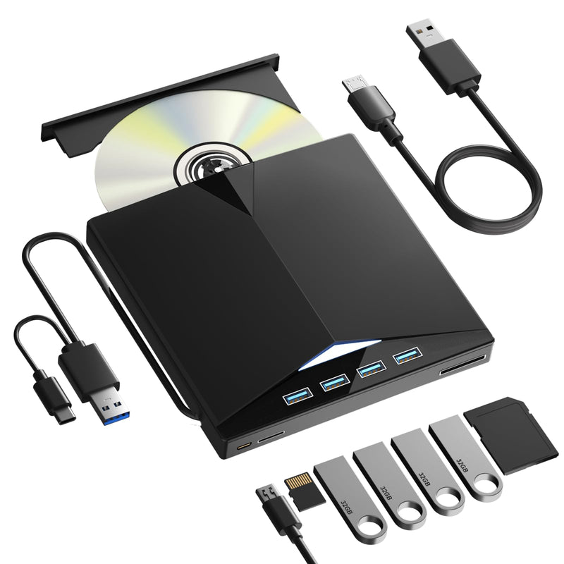 Yaeonku 7 in 1 CD DVD External Drive for Laptop, High Speed USB CD Drive | External CD/DVD Drive for Laptop Slim & Lightweight for on-the-go Use，CD Reader with 4 USB Ports and TF/SD Card Slots