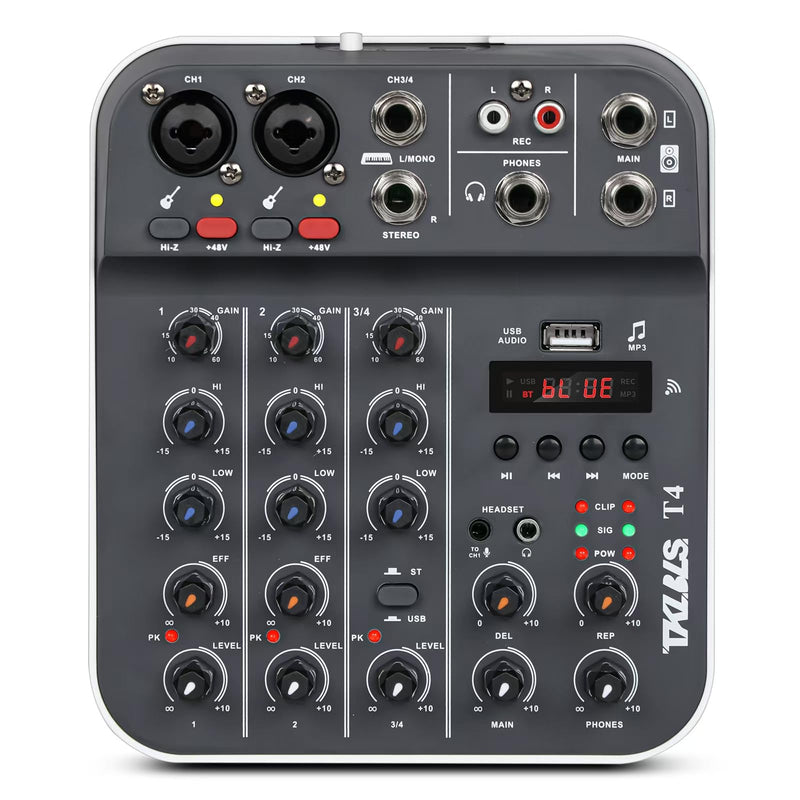 [AUSTRALIA] - Professional Audio Mixer, TKLBLS 4-Channel Unpowered Mixing Console with USB/Bluetooth Playback, 48V Phantom Power, REC Output, MP3 Player, Digital Delay Effects, for Streaming, Studio, Karaoke T4 