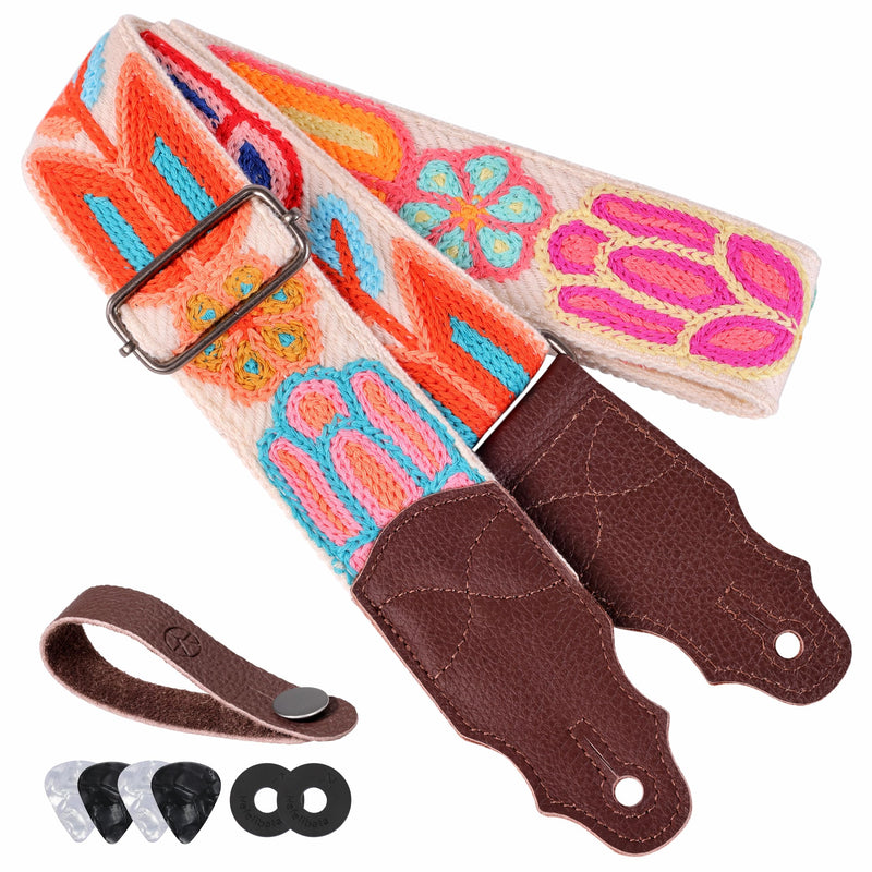 [AUSTRALIA] - Guitar Strap 2", Soft Woolen Knit, Cowhide Leather End, for Acoustic and Bass Electric Guitars, Free Button, 2 Strap Locks and 4 Guitar Picks Animated Flower-1 