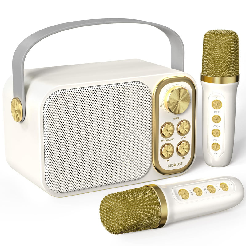 Mini Karaoke Machine for Kids Adults, Portable Bluetooth Speaker with 2 Wireless Microphones, Kids Karaoke Machine for Girls Boys, Toys Birthday Gifts for 3-12+ Years Old Toddler (White)