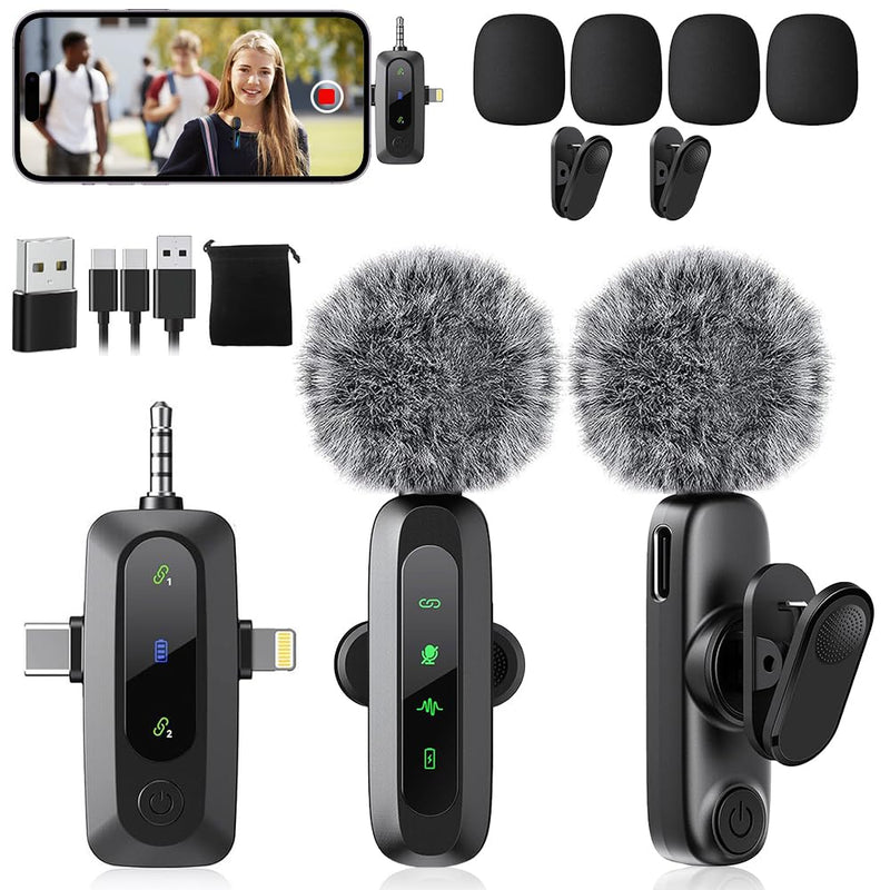 [AUSTRALIA] - Mini Microphone,3 in 1 Wireless Lavalier Microphones for iPhone/iPad/Android/Camera(Lightning/USB/3.5 mm Jack),2 LED Display Bluetooth Microphone Mute/Noise for Video Recording Vlog,Youtube, Tiktok Black LED（3 in1） 