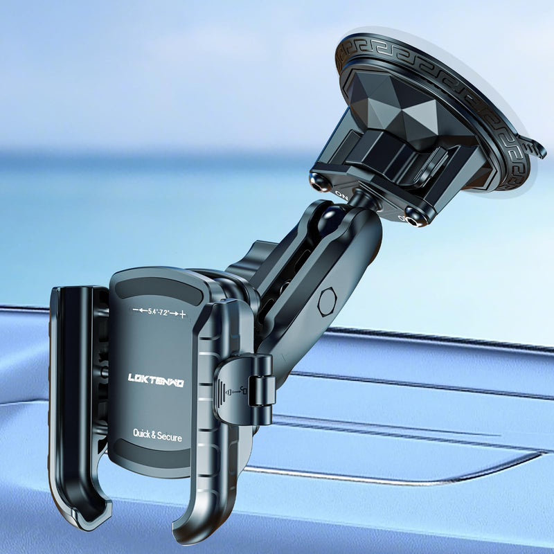 LOKTENWO Car Phone Holder Mount with Vibration Dampener | [Camera Friendly] [1s Lock & Release] Twist-Lock Suction Cup Base for Vehicle Windshields, Fit 5.4''-7.2'' Smartphones