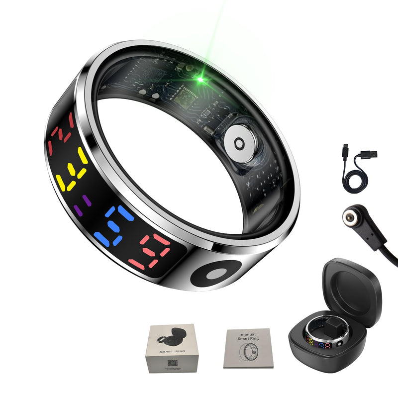 Smart Ring with Color Screen|Track Heart Rate, Sleep, Blood Oxygen,Steps |Power|Display| Short-Form Video/Remote Control Camera (Silver, 8(17.7mm)（0.70inch) Silver 8(17.7mm)（0.70inch)