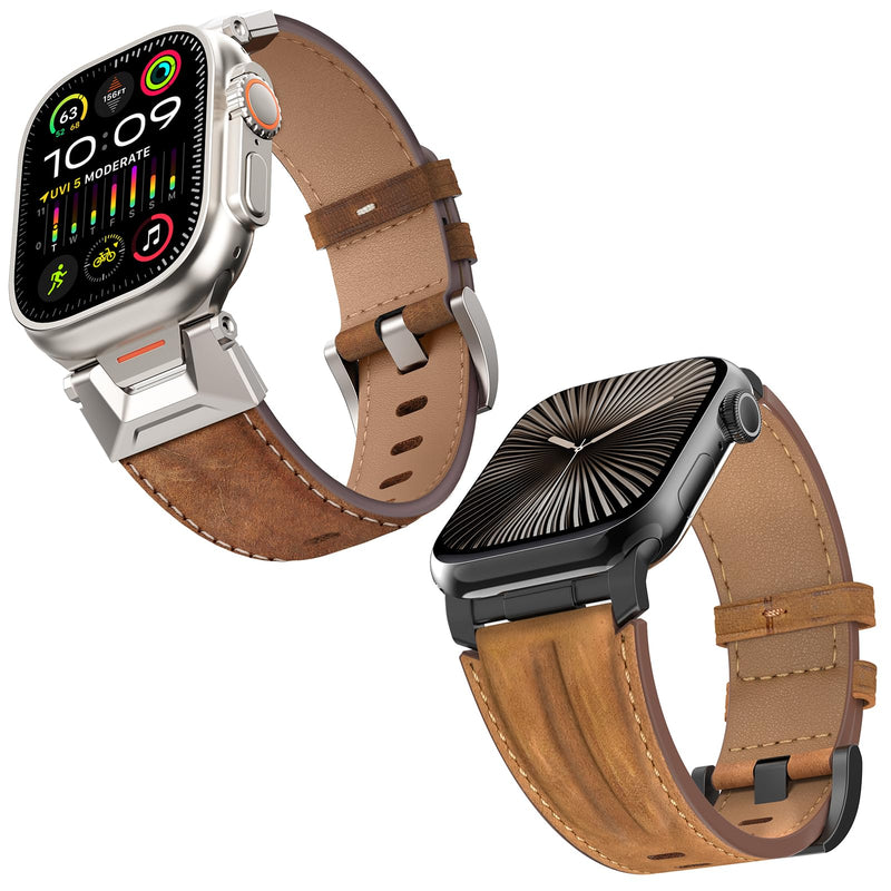 Top Grain Genuine Leather Compatible with Apple Watch Ultra Band 49mm 46mm 45mm 44mm 42mm, Rugged Metal Connector Band Strap for for Women Men iWatch Ultra 2/1 Series 10 9 8 7 6 5 4 3 2 1