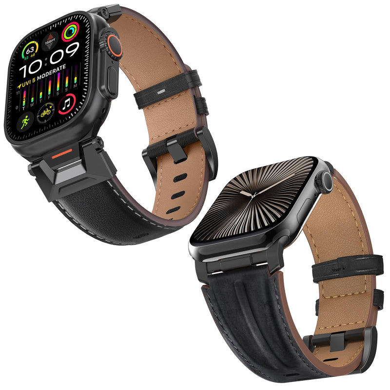 Top Grain Genuine Leather Compatible with Apple Watch Ultra Band 49mm 46mm 45mm 44mm 42mm, Rugged Metal Connector Band Strap for Women Men iWatch Ultra 2/1 Series 10 9 8 7 6 5 4 3 2 1 SE