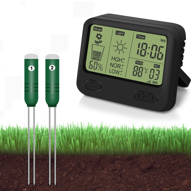 [AUSTRALIA] - 4-in-1 Wireless Soil Moisture Meter/Thermometer/Sunlight/Time,PH Paper, Waterproof Plant Moisture Sensor Meter with Digital LCD Display for Garden, Lawn and Indoor Plants 4-in-1 Display+2 Sensor 