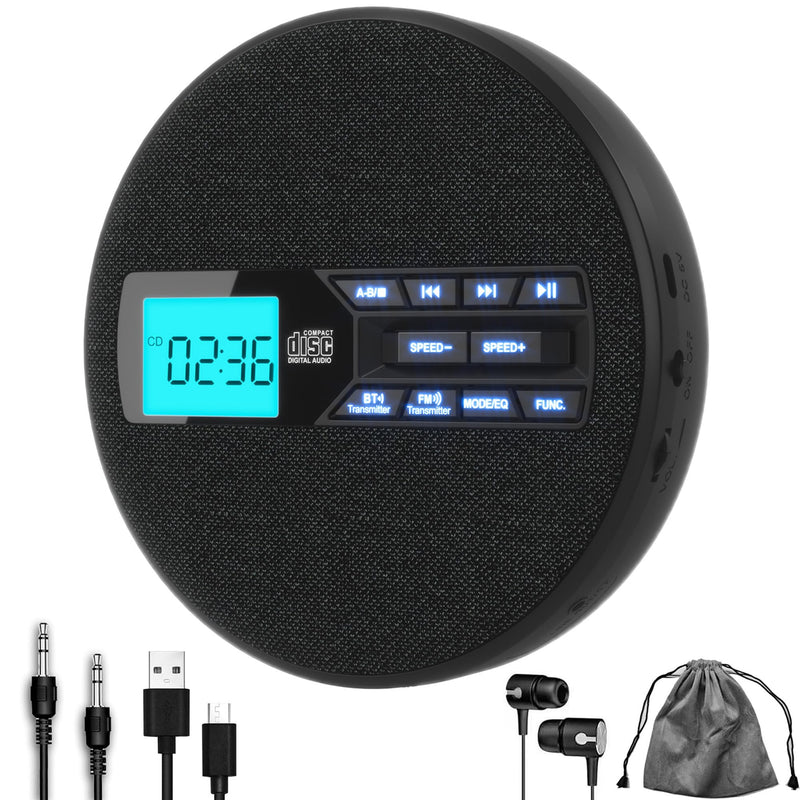 [AUSTRALIA] - Portable CD Player with Dual Bluetooth, Discman for Car with FM Transmitter, Rechargeable, Dual Speakers and Anti Skip,USB,AUX,LCD Display,Backlit Button,Repeat,10 Speeds Black 