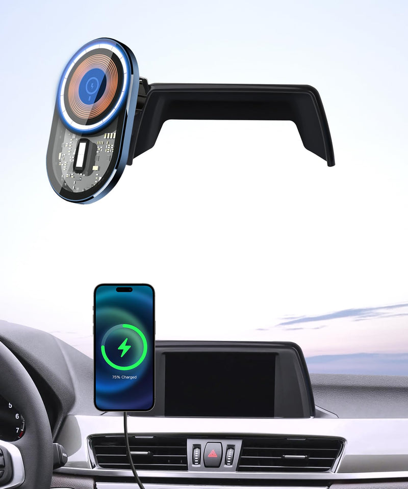 15W Wireless Charger Car Phone Holder for BMW X1 2016-2019, X2 2018-2019 | 6.5" Screen Magsafe Accessories Fast Charging Magnetic Cell Phone Holder Clip Compatible with iPhone Android, 3D Fit Bracket