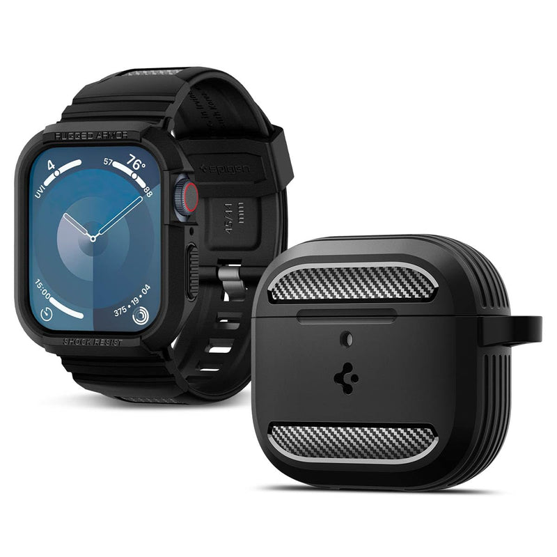 Spigen Rugged Armor Pro Designed for Apple Watch Case with Band 45mm/44mm and AirPods 4 Case Bundle - Black