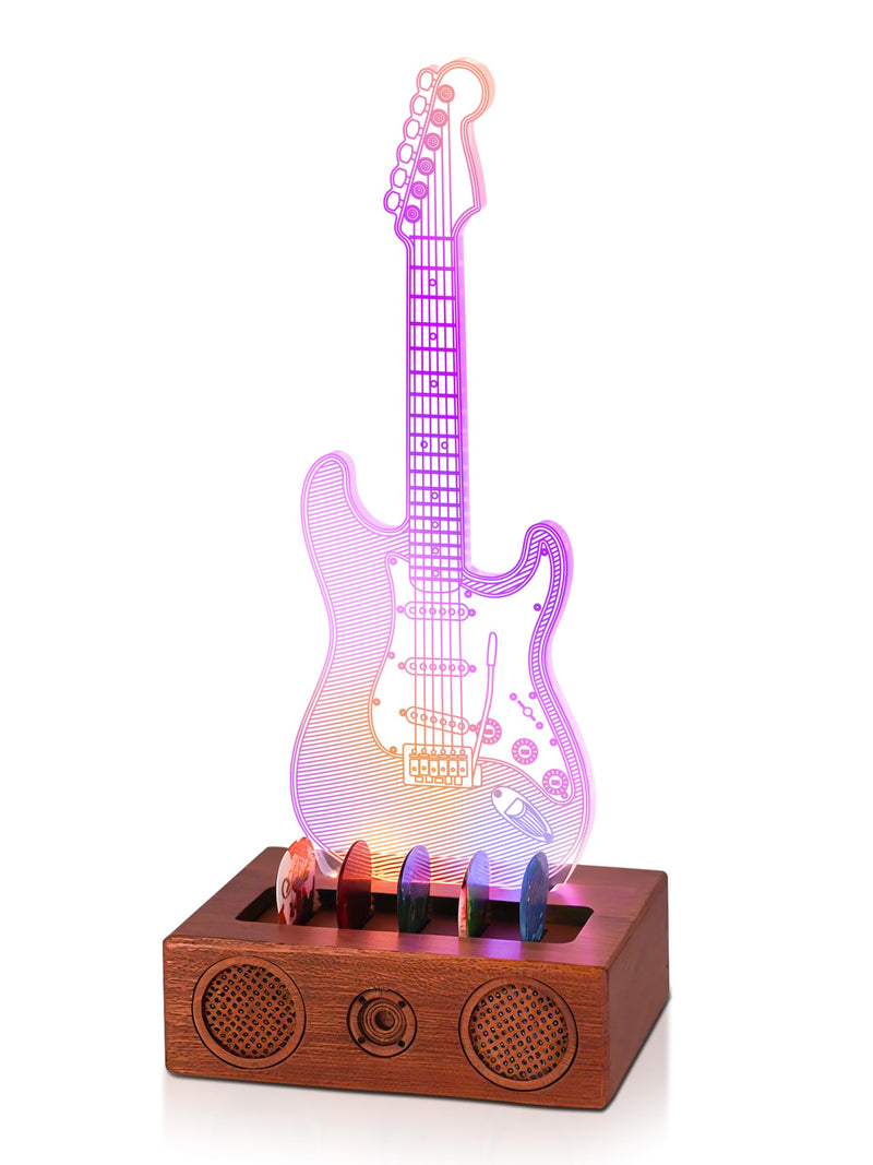 Light Up Guitar Pick Holder, Acrylic Electric Guitar Pick Holder with Audio Styling Wooden Base for Picks Storage and Display, Gift for Guitar Players Guitarists