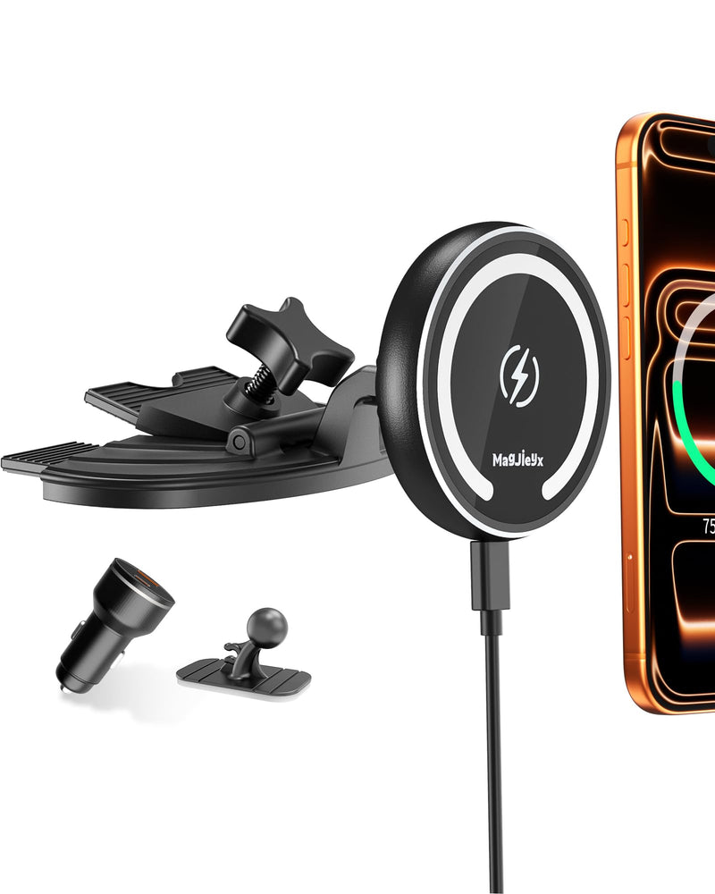 MAGJIEYX CD Slot Magnetic Wireless Car Mount Charger for iPhone 17 16-12, 3X Stable on Bumpy Roads, 99% Car/Truck-Approved, Charging Holder with 3M Dash Sticker, No Air Vent Block (38W Adapter)
