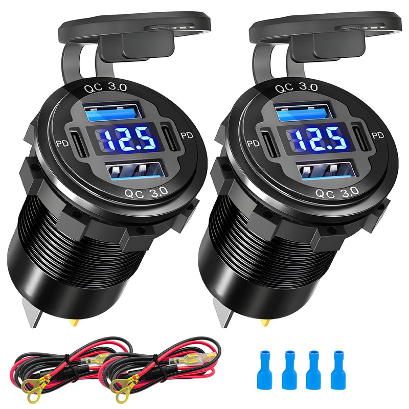 12 Volt USB Charger, 12v USB 4-Port Aluminum Alloy USB C Outlet with LED Voltmeter,Dual PD3.0 & QC3.0 for 12/24V Car Golf Cart Boat Marine Bus Truck RV Marine Motorcycle etc (Pack of Two) pack of two