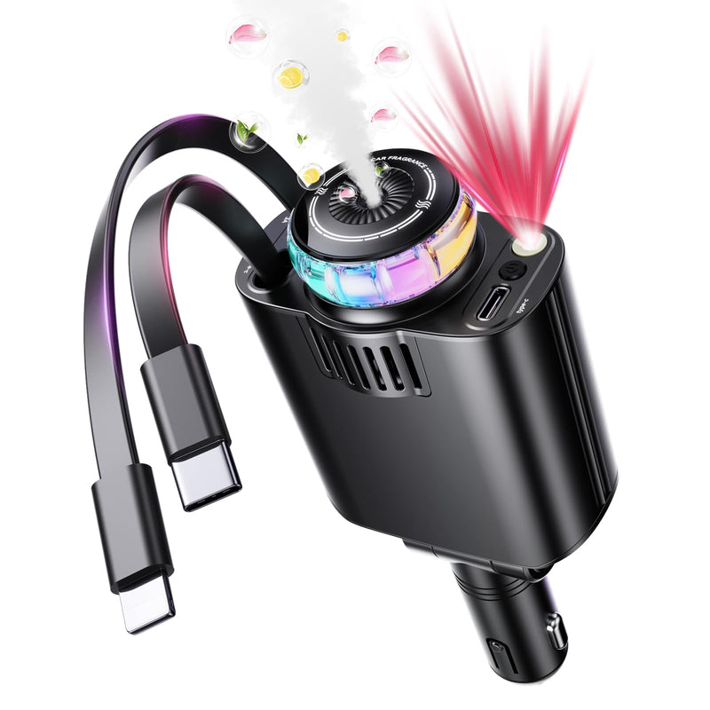 5 in 1 Retractable USB C Car Charger Fast Charge Aromatherapy Starry Sky | 69W Car Chargers Fast Charging Adapter with Air Freshener & Starlight, Compatible with iPhone 17 16 15 14 13 & Android Drak Black