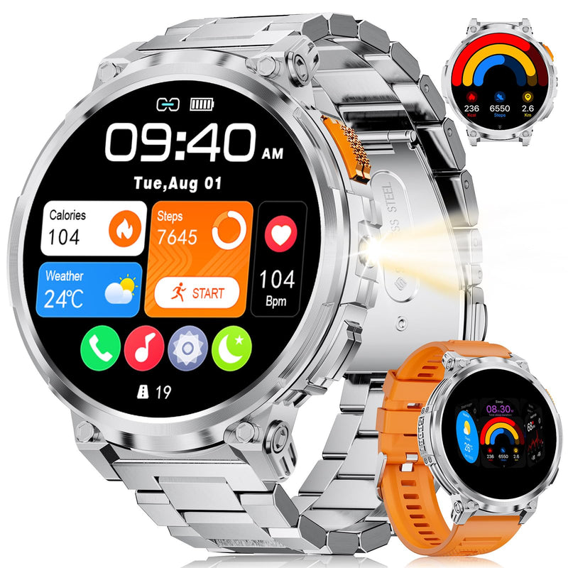 ESFOE 1.85" Large Screen Smart Watches for Men Compatible with iOS Android, LED Flashlight/730mAh Large Battery, Fitness Tracker with Heart Rate/Sleep Monitor/100+ Sports Mode, Bluetooth Call(Silver) Silver Style C