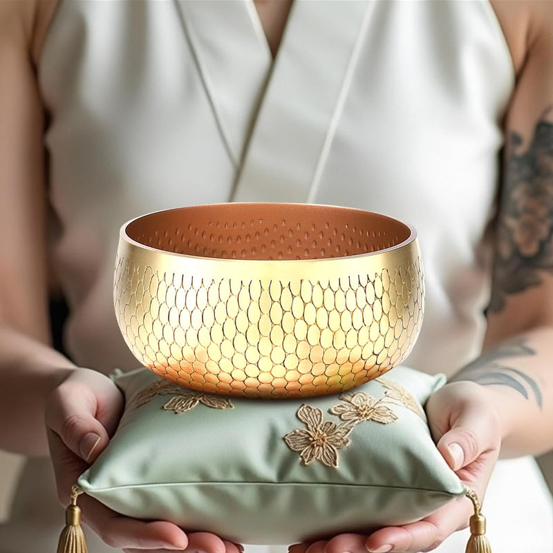 Tibetan Singing Bowl Set — Meditation Sound Bowl Handcrafted in Nepal, Long Lasting Sound for Deep Calming Relaxation, Meditation, and Sound Bowl Healing | Includes Mallet & Cushion(5") (4") 4"