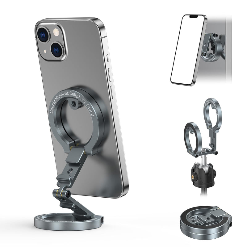 Dual Magnetic Phone Holder Compatiable with iPhone 16 15 14 13 12 Pro Max Plus Series & MagSafe Cases, MG-02 Plus 1/4"-20 Phone Tripod Mount, Gym Magnetic Phone Stand Travel
