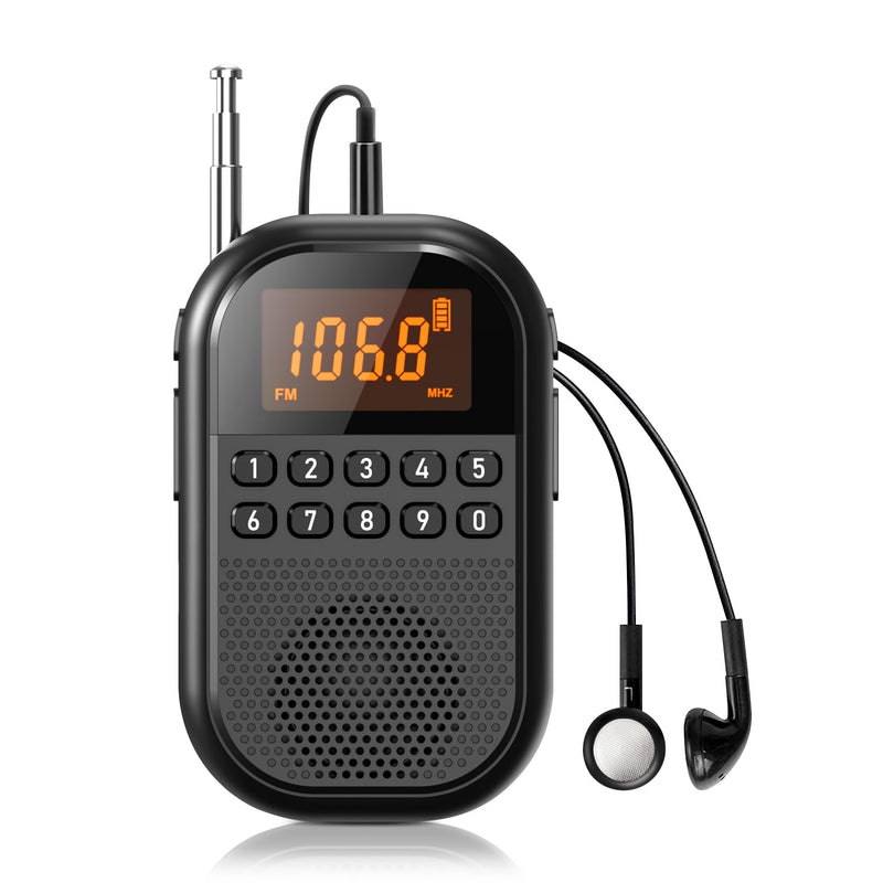 [AUSTRALIA] - Pocket AM FM Radio:1100mAh Rechargeable Radio Supports Bluetooth, Mini FM AM Receiver with Large Speaker, Stereo Earphone, Sleep Timer, Easy to use for Jogging, Walking Black 