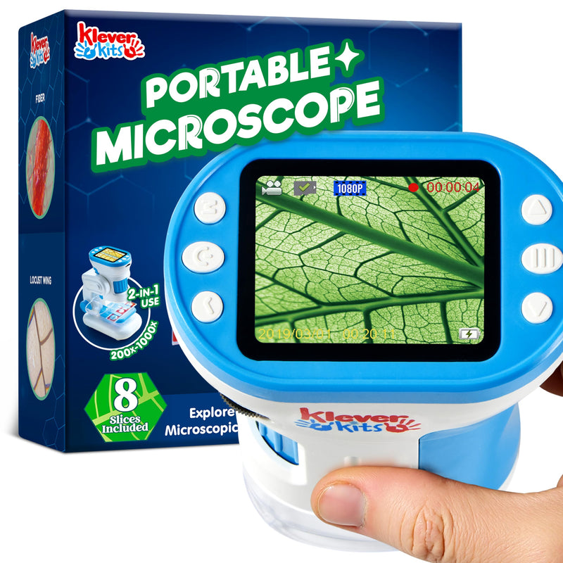 JOVA Klever Kits 2 in 1 Handheld Microscope for Kids, 1000X HD Digital Kids Microscope with 2.0'' LED Screen, Portable Pocket Handheld with Slides, 32G Card, Edu Gifts Toys for Ages 5-12