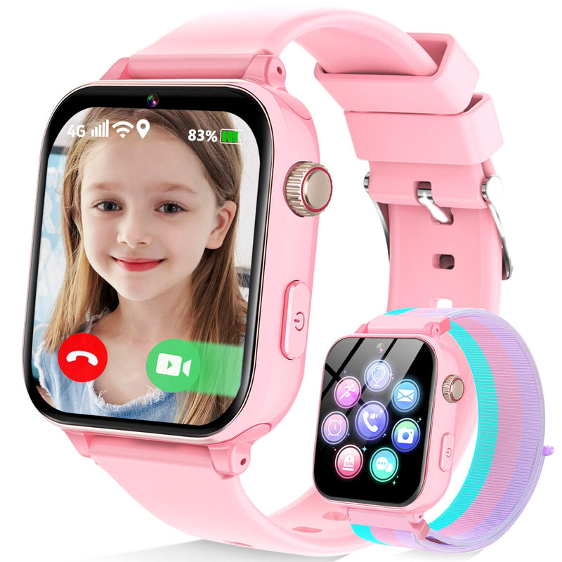 4G Kids Smart Watch Phone GPS, Smartwatch for Boys Girls Ages 4-12 Years with Video Call Chat Class Mode SOS Camera Alarm Games Parental App Touch Watch Gifts for Children (Includes SIM Card) Pink Rose Pink