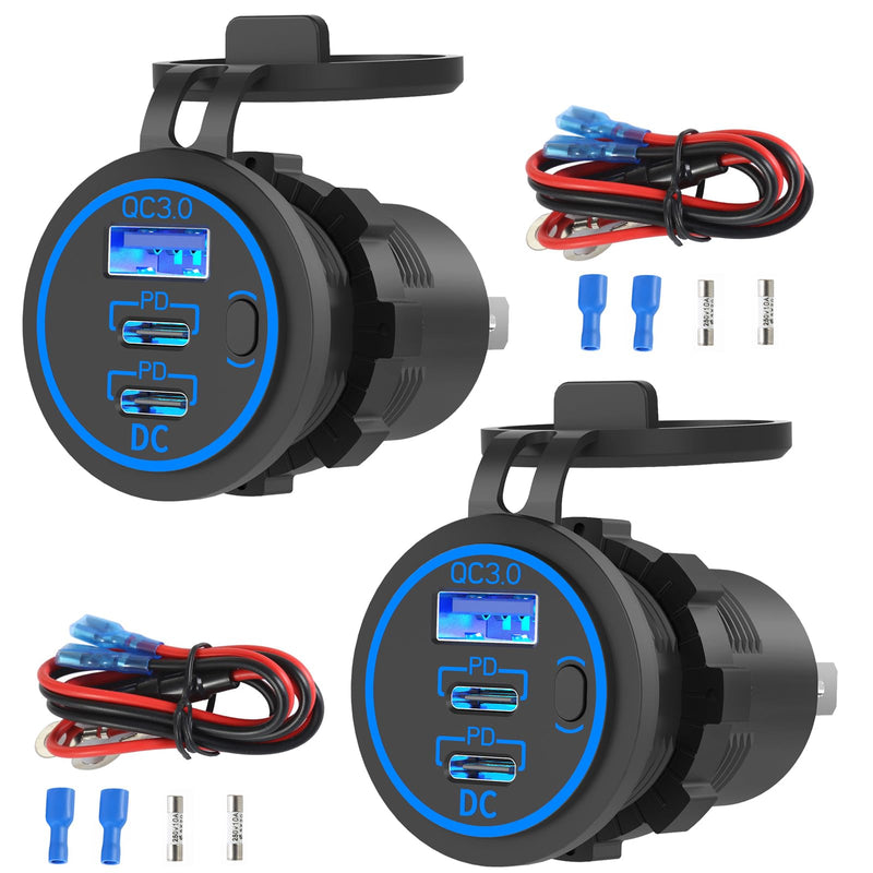2 Pack USB C Car Charger Socket 12V USB Outlet, 78W Dual 30W PD and 18W QC3.0 Multi Port Cylinder Charger with Button Switch Waterproof for Car Boat RV Marine Golf Cart Truck Bus Motor etc. 2 pack