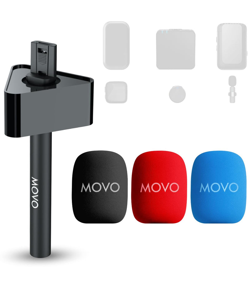 Movo WMX-HMF2 Wireless Microphone Handle with Mic Flag – Handheld Grip for DJI Mic, Rode GO II – Includes Lav Microphone Holder, Adapter & 3 Windscreens – for Interviews, YouTube & TikTok
