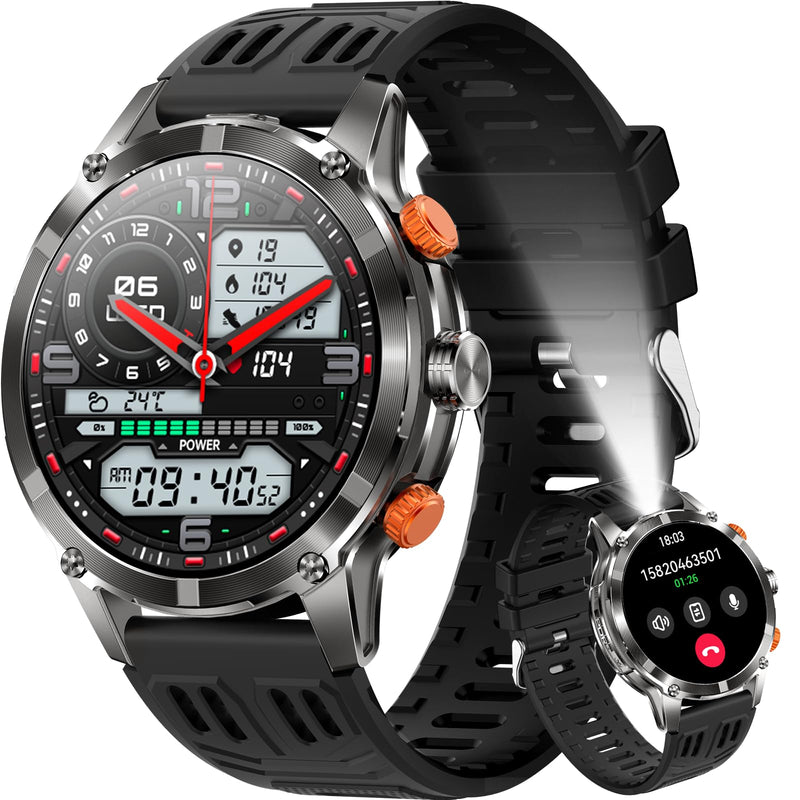 Military Smart Watch for Men(Make/Answer Call) with LED Flashlight 1.7" HD | Fitness Watch 530mAh Battery, Outdoor Sport Rugged Smartwatch with Activity Tracker Compatible with Android & iPhone Phone
