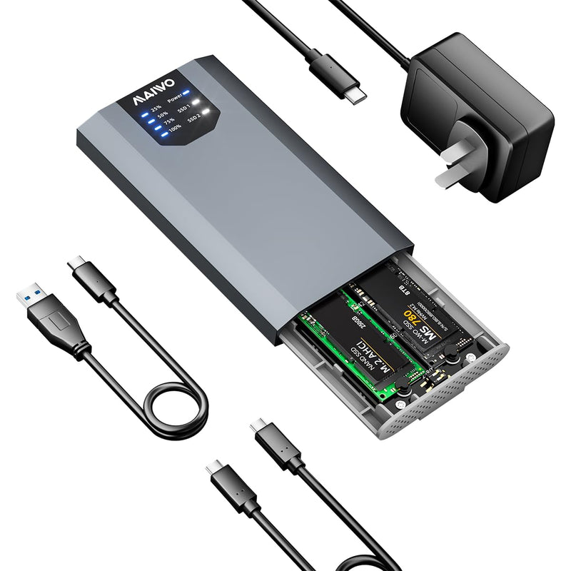 MAIWO Dual NVMe Clone SSD Enclosure, USB3.2 GEN2X2 10Gbps,Support AHCI to NVMe Clone, M.2 Duplicator Cloner for SSDs Sizes 2230/2242/2260/2280 with Indicator Light Dual M.2 NVMe Enclosure & Cloner