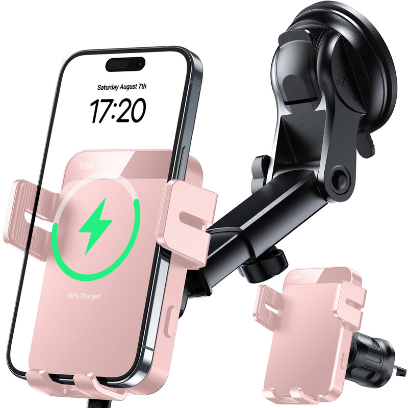 Wireless Car Charger 15W Auto Clamping Phone Holder Dash Windshield Vent | Car Charger Compatible with iPhone 17 16 15 14/13/13 Pro/12 pro/12/11/X/8, Samsung S24/S23/S22 Pink