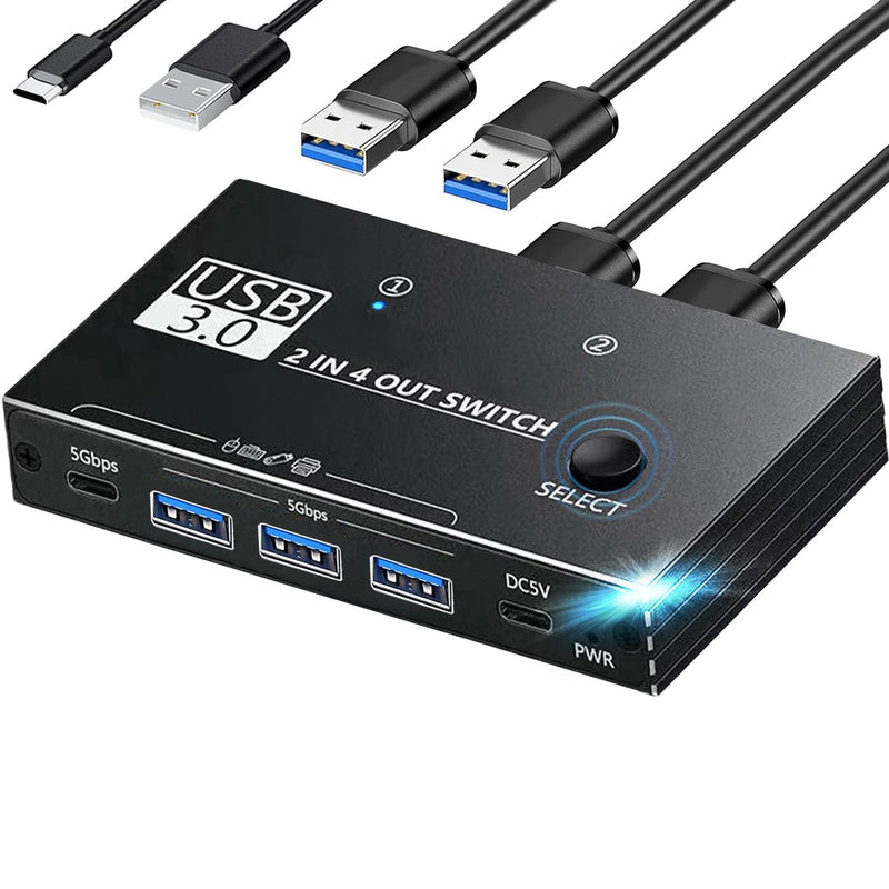USB 3.0 Switch Selector, USB Switcher 2 Computers Sharing 3X Type A/USB C | USB C Switcher with 3 Cable, Hub PC Mouse Keyboard Hard Drives Printer One Button Switch Adapter with Windows Mac Linux 4K