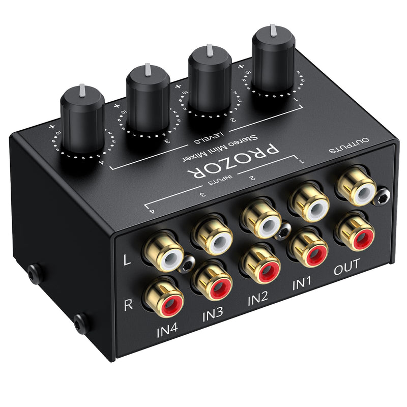 [AUSTRALIA] - PROZOR 4-Channel Stereo Audio Mixer, RCA Input with Independent Volume Controls, Metal Housing, Ultra Low Noise, for TV/PC Mixing, Home Studios, DJ Performances – No Power Required, Plug and Play 