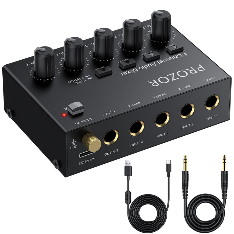 [AUSTRALIA] - PROZOR Mini Audio Mixer 4 Channel Line Mixer - USB-C Powered Sub Mixer with Volume Control & Stereo Mono Switch, Compact Low Noise Audio Mixer for Guitar, Bass, Keyboard, Recording, Streaming 