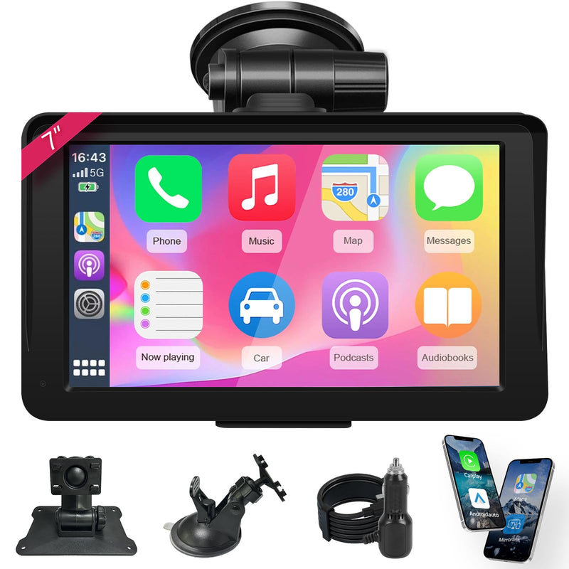 Wireless Carplay Screen for Car, 7" HD IPS Touch Screen Stereo for Apple Carplay & Android Auto,Bluetooth,Voice Control,GPS Navigation,Mirror Link | Plug-and-Play, Apple Car Paly for All Vehicle