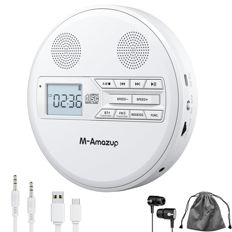 CD Player Portable, Rechargeable Portable CD Player with Dual Speakers and Anti Skip,CD,Dual Bluetooth,FM Transmission,USB,AUX,LCD Display,Sensitive Button,Repeat,10 Speeds for Home Car White
