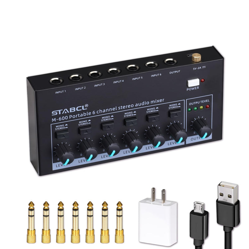 Mini 6-Channel Audio Mixer with 7 pcs 6.35mm to 3.5mm Adapter Jack, Stereo Line Mixer for Sub-Mixing, Multi-Input (Mic/Guitar/Keyboard/Bass), Powered by 5V DC