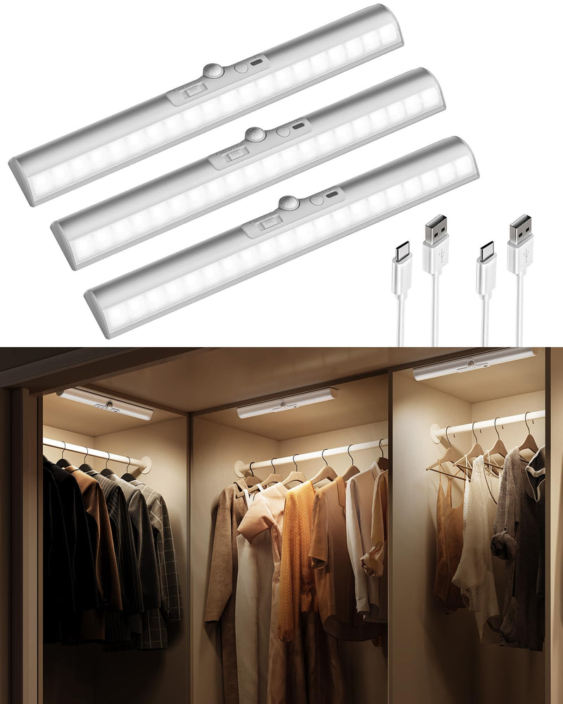 [AUSTRALIA] - EZVALO 13-inch Motion Sensor Closet Light with Eye-Protection Design, 1800mAh Rechargeable Under Cabinet Lighting, 3 Color Temps Night Light for Pantry, Closet - 3 Pack 13inch 