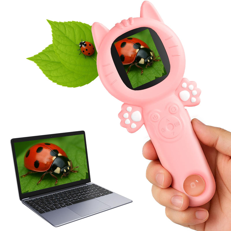 [AUSTRALIA] - 2-in-1 Microscope Camera for Kids, Mini Handheld Microscope Supporting Multiple Viewing Angles, Outdoor Educational Science Adventure Toys, Birthday Gifts for 3-10 Years Old Girls, Pink Cat 