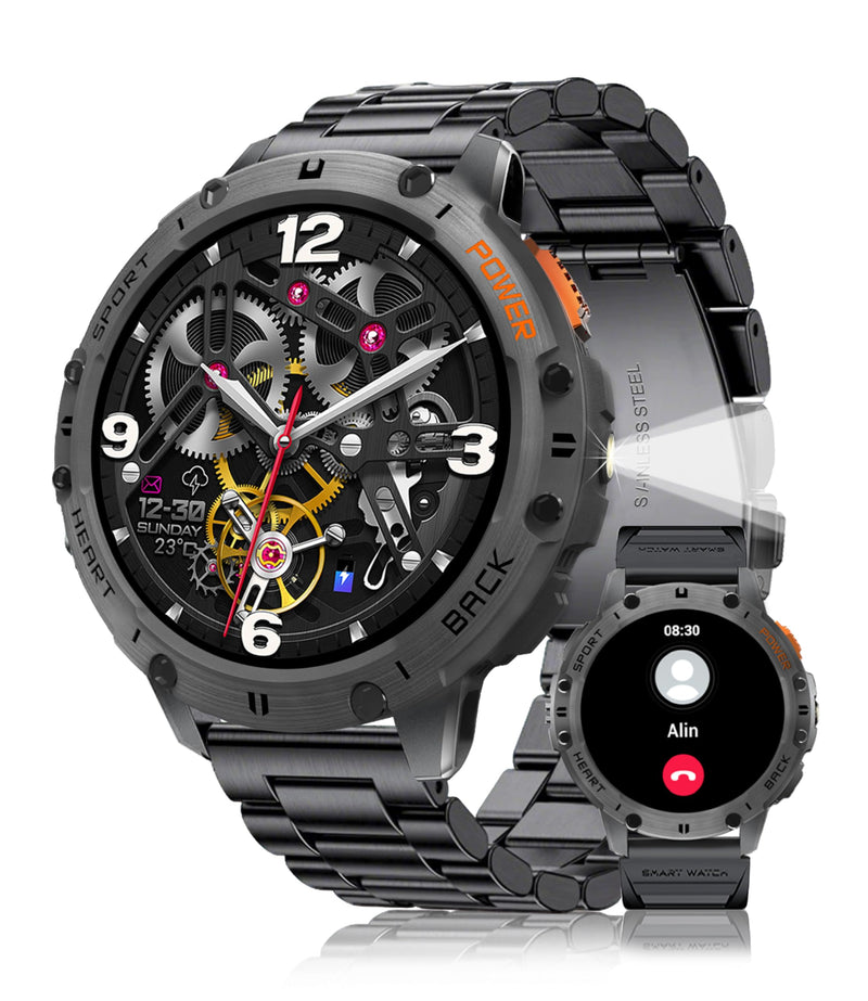 Smart Watches for Men with Flashlight(Answer/Make Calls),1,43" AMOLED Military Rugged Tactical Smartwatch,5ATM Waterproof/Heart Rate Monitor/Fitness Tracker for iOS Android,3-Bead Large 3-Bead