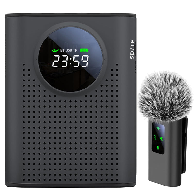 [AUSTRALIA] - Rechargeable Voice Amplifier Wireless Microphone for Teachers Classroom, Mini Lavalier Lapel Mic Clip Magnetic, Portable Bluetooth Speaker with LED Display for Class, Tour Guide, Coaches, Black Amplifier + 1 MIC 