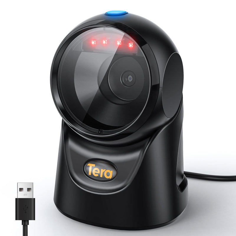 Tera Barcode Scanner Handsfree Omnidirectional: Desktop 1D 2D QR USB Wired Adjustable Angle Plug and Play Bar Code Reader for POS Supermarket Retail Store Mobile Payment Model 9700 Black