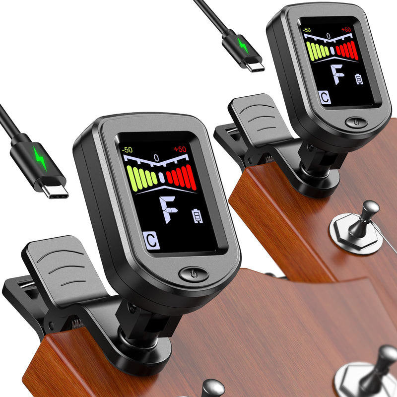 New Bee Clip-On Guitar Tuner Rechargeable with Color Screen 360° Rotatable Chromatic Tuner for Guitar, Bass, Ukulele, Violin (Black, 2 Pack) Black
