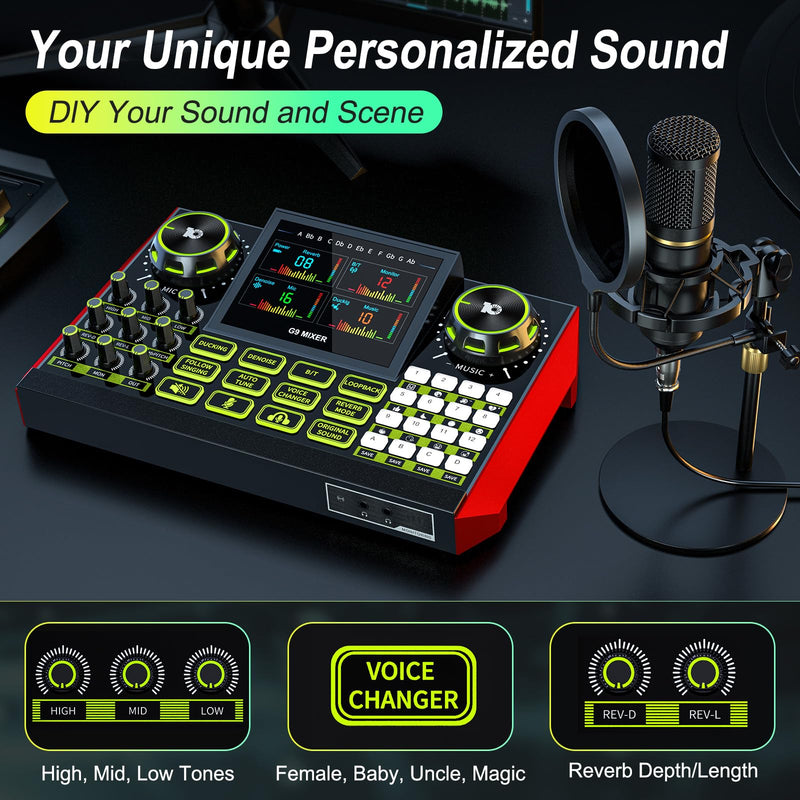[AUSTRALIA] - Podcast Equipment Bundle Audio Mixer, Sound Board for Pc/Phone Live Streaming Singing Gaming, Podcast Mixer for 3.5/6.35mm Dynamic Microphone, Voice Changer, Denoise, One Click Mute 