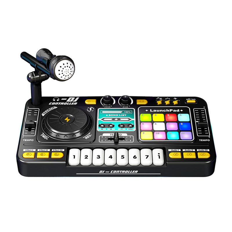 Kids DJ Controller DJ Mixer Table DJ Equipment with BT 5.0 Adjustable Microphone 8 Electronic Keyboard Buttons 3 Disc Sound Effects 12 MIDI Songs Light-Up Whack-A-Mole Game Black